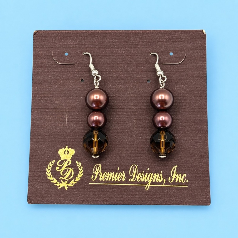 Premier Designs Brown Faux Pearl Faceted Glass Bead Dangle Earrings 2.3" -2891